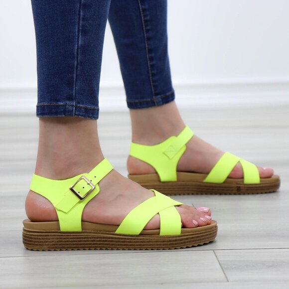 Neon Green Strappy Comfort Sandals Faux Nubuck - Picture 5 of 13